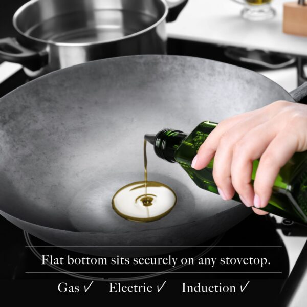 Hand hammered super seasoned (ready-to-use) flat bottom wok 35cm - Image 7