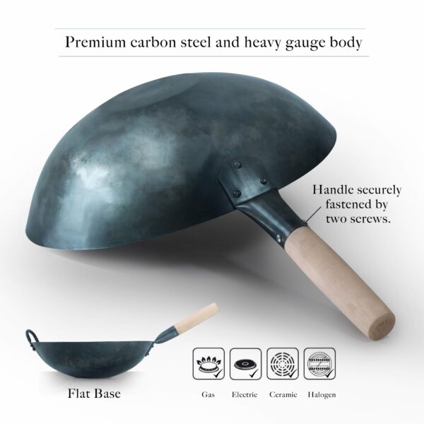 Hand hammered super seasoned (ready-to-use) flat bottom wok 35cm - Image 2
