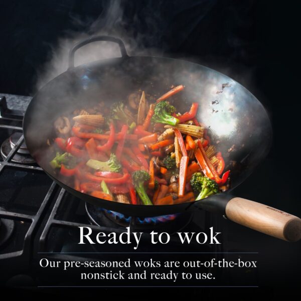 Hand hammered super seasoned (ready-to-use) flat bottom wok 35cm - Image 5