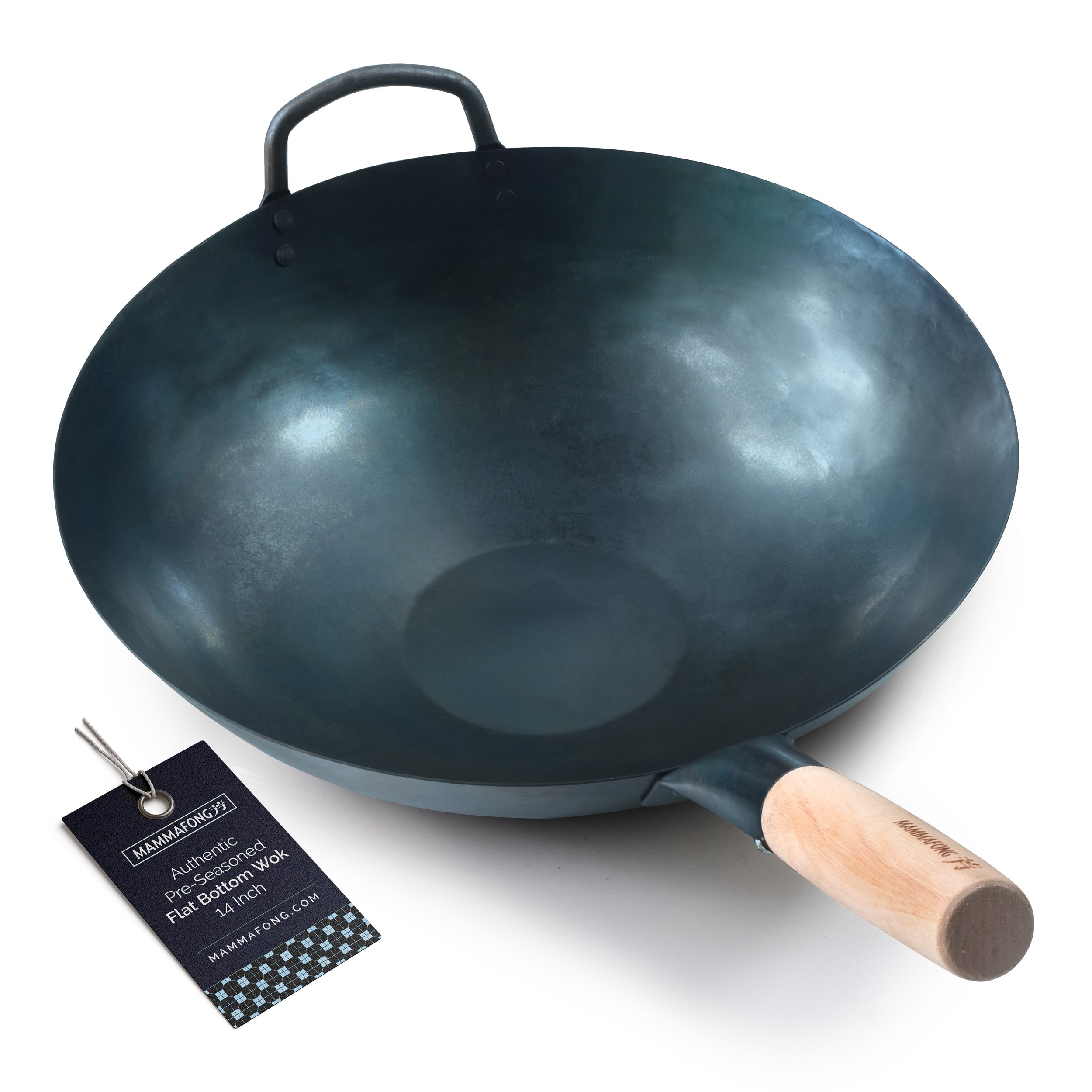 Hand hammered super seasoned (ready-to-use) flat bottom wok 35cm