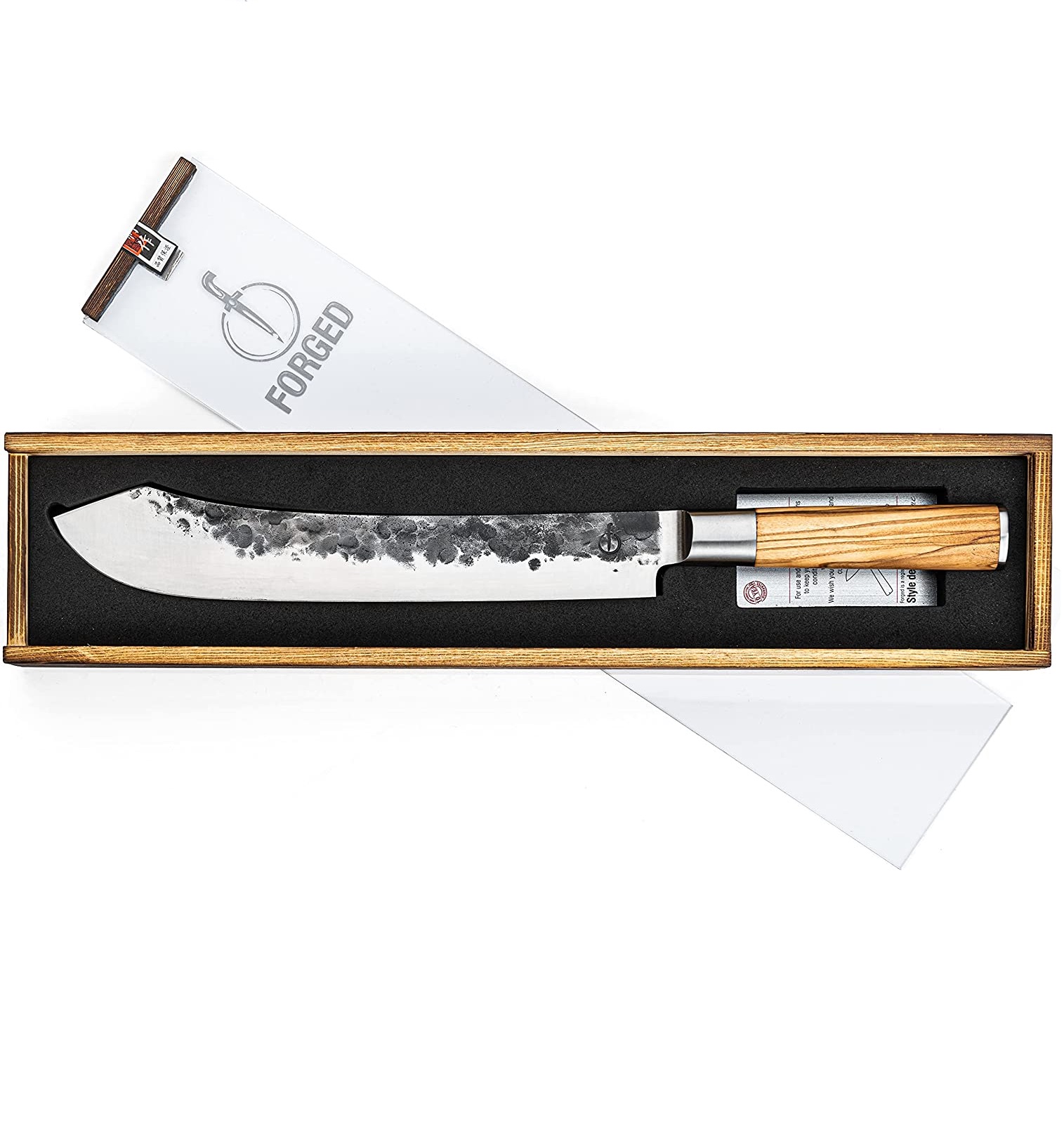 Hand forged butcher's knife with olive handle in luxury wooden box